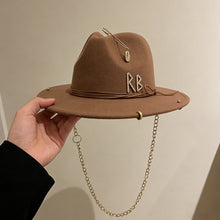 Load image into Gallery viewer, Russian Style Fedora Hat with Pearl Chain Metal Shells Felt Cowboy Hat for Autumn Winter Women Fashion Womens Wide Brim Hat