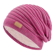 Load image into Gallery viewer, New Style Unisex Slouchy Winter Hats Men Women Striped Mix Warm Beanie Cap NIU Label Decor Plush Fur Lined Winter Knitted Hat