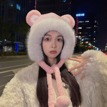 Load image into Gallery viewer, Winter Warm Hat Cute Lacing Bear Ears Hat Ear Protection Velvet Rabbit Ear Woolen Bucket Hat Women