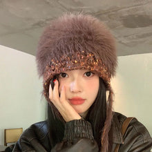 Load image into Gallery viewer, Versatile INS Style Pullover Cap Ear Protection Mixed-color Straps Bomber Hats Big Head Handmade Knitted Cap Women Girls Maiden