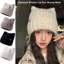 Load image into Gallery viewer, Solid Color Fleece-lined Warmth Knitted Beanies Hip Hop Cat Ear Female Beanie Caps Outdoor Anti-cold Ladies Casual Cap