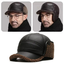 Load image into Gallery viewer, Winter Baseball Cap Men PU Leather Bomber Caps Middle Elderly Dad Hat With Earflaps Thicker Warm Windproof Tongue Hat Keep Warm
