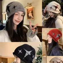 Load image into Gallery viewer, Fashion Star Pattern Knitted Woolen Hat Thickened Cold-proof Cover Head Cap Windproof Keep Warm Drawstring Beanie Cap Women