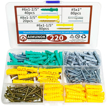 Load image into Gallery viewer, 220pcs Drywall Anchors and Screws Assortment kit with Organizer Box Fasteners Tools #8x1-3/5'' #8x1-3/5'' #5x1''cessories