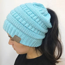 Load image into Gallery viewer, Women Winter Knitted Beanie Hat Messy Bun Ponytail Beanie Holey Warm Wool Beanie Hats