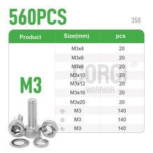 Load image into Gallery viewer, M2 M2.5 M3 M4 M5 M6 Hex Socket Head Cap Set Allen Screw Kit 126 - 1080 DIN912 304 Stainless Steel Screw Nut Bolt Assortment Set
