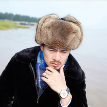 Load image into Gallery viewer, Rabbit Fur Cap Man Winter Genuine 100% Fur Bomber Hat Windproof Warm Earmuffs Male Flat Grey/Black Russian Hat Fitted Casquette