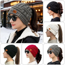 Load image into Gallery viewer, Fashion Crochet Ponytail Winter Hats Knitted Warm Knitted Cap Thicken Solid Color Skullies Ladies'
