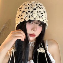 Load image into Gallery viewer, Bohemian Style Hand-knitted Hollow Flowers Hat Elegant Soft Women Hat Crochet Fringed Cute Beret Cap for Women Photography