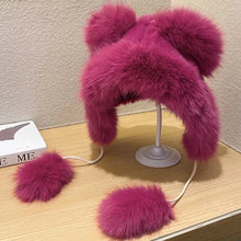 Load image into Gallery viewer, Women Winter Warm Kawaii Fox Fur Imitation Mink Plush Hat Thickened Cute Bear Ear Japanese Bomber Hat Ear Protection Cosplay Cap