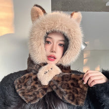 Load image into Gallery viewer, Warm Thickened Winter Scarf Hat Two-Piece Set Windproof Neck Warmer Leopard Print Integrated Scarf Hat Women