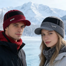 Load image into Gallery viewer, Unisex Warm Winter Hat With Brim Plush Fur Lined Knit Cap Sports Label Thicken Winter Hats For Men