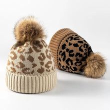 Load image into Gallery viewer, Leopard print curled edge wool ball knitted hat for women's outdoor warmth, thickened autumn and winter men's woolen hat
