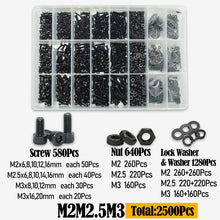 Load image into Gallery viewer, Black 2500P Hex Socket Head Screws Set M2 M2.5 M3 M4 M5 M6 DIN912 12.9 Allen Screw Nut Steel Button Head Socket Cap Bolt Nuts