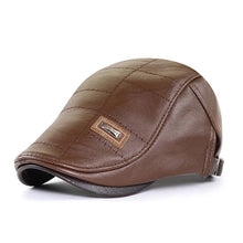 Load image into Gallery viewer, Men Fashion Retro PU Leather Beret Hats Autumn Winter Leather Beret Hat Middle-aged Men's Visor Warm Flat Peaked Cap Adjustable