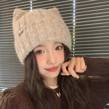 Load image into Gallery viewer, Solid Color Fleece-lined Warmth Knitted Beanies Hip Hop Cat Ear Female Beanie Caps Outdoor Anti-cold Ladies Casual Cap