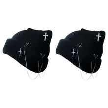 Load image into Gallery viewer, Gothic Knitted Beanie Hat Subculture Headwear Handmade Crochet Skull Hat Pin Decoration Y2K Cat Ear Hat Female Teens