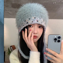 Load image into Gallery viewer, Versatile INS Style Pullover Cap Ear Protection Mixed-color Straps Bomber Hats Big Head Handmade Knitted Cap Women Girls Maiden