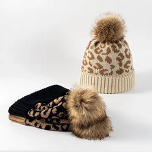 Load image into Gallery viewer, Leopard print curled edge wool ball knitted hat for women's outdoor warmth, thickened autumn and winter men's woolen hat