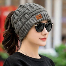 Load image into Gallery viewer, Fashion Crochet Ponytail Winter Hats Knitted Warm Knitted Cap Thicken Solid Color Skullies Ladies'