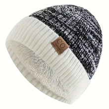 Load image into Gallery viewer, Men's sports knitted hat with CO UZZL 1978 faux leather patch - Navy blue and white striped winter hat