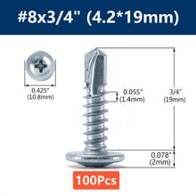 Load image into Gallery viewer, 100Pcs #8 Phillips Truss Head Self Drilling Tek Screw Zinc Oxide Sheet Metal Screws Fast Self Tapping Screws Lath to Metal Studs