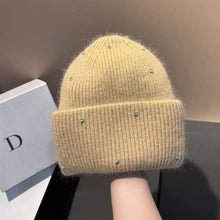 Load image into Gallery viewer, 1PC New Winter Rhinestone min Knitted Hat Fashionable And Warm Rabbit Fur Ear Protection Hat Double Folded Hat