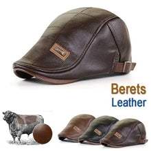 Load image into Gallery viewer, Men Fashion Retro PU Leather Beret Hats Autumn Winter Leather Beret Hat Middle-aged Men's Visor Warm Flat Peaked Cap Adjustable