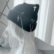 Load image into Gallery viewer, Gothic Knitted Beanie Hat Subculture Headwear Handmade Crochet Skull Hat Pin Decoration Y2K Cat Ear Hat Female Teens