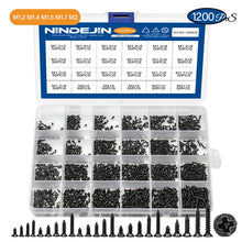 Load image into Gallery viewer, 450/1200pcs Cross Flat Head Tapping Screws Kit M1.2 M1.4 M1.5 M1.7 M2 M2.3 M2.6 M3 Carbon Steel Black Phillips Screws Set
