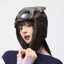 Load image into Gallery viewer, Fashion Retro Bomber Hat PU Leather Plus Fluff Pilot Hat Windproof Velvet Lining Winter Ear Protection Hat Unisex