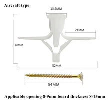 Load image into Gallery viewer, 10 sets/pack Plastic Airplane Expansion Pipe Curtain Gypsum Board Hollow Wall Expansion Screw 3.5*50+Anchor 8*50 Plugs Up Aging