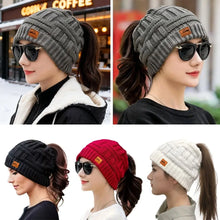 Load image into Gallery viewer, Fashion Crochet Ponytail Winter Hats Knitted Warm Knitted Cap Thicken Solid Color Skullies Ladies'