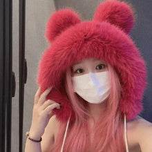 Load image into Gallery viewer, Women Winter Warm Kawaii Fox Fur Imitation Mink Plush Hat Thickened Cute Bear Ear Japanese Bomber Hat Ear Protection Cosplay Cap
