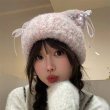 Load image into Gallery viewer, Cute Windproof Cat Ear Beanie Thickened Warm Sweet Bow Ribbon Pullover Hat Color Straps Handmade Beanie for Women Girl