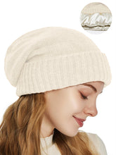 Load image into Gallery viewer, Women's Winter Hat 100% Pure Wool Knitted Satin Line 2 Layer Soft Warm Sleep Cover Beanies Elastic Fashion Slouchy SKi Cap Men