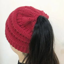 Load image into Gallery viewer, Women Winter Knitted Beanie Hat Messy Bun Ponytail Beanie Holey Warm Wool Beanie Hats