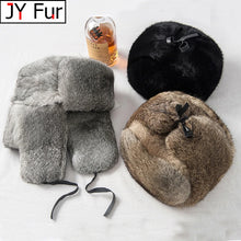 Load image into Gallery viewer, Rabbit Fur Cap Man Winter Genuine 100% Fur Bomber Hat Windproof Warm Earmuffs Male Flat Grey/Black Russian Hat Fitted Casquette