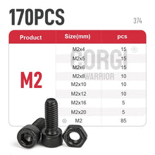 Load image into Gallery viewer, 1140 Black Steel Socket Head Hex Round Cap Screws Set M2 M3 M4 M5 M6 Grade 12.9 DIN912 Allen Bolts Nuts Assortment Kit Tool Box