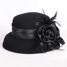Load image into Gallery viewer, Women's Black Wool Felt Cloche Hat with Flower Feather Winter Hepburn Style Formal Church Tea Party Dress Cocktail Bucket Hats