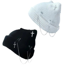 Load image into Gallery viewer, Gothic Knitted Beanie Hat Subculture Headwear Handmade Crochet Skull Hat Pin Decoration Y2K Cat Ear Hat Female Teens