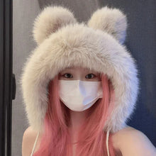 Load image into Gallery viewer, Women Winter Warm Kawaii Fox Fur Imitation Mink Plush Hat Thickened Cute Bear Ear Japanese Bomber Hat Ear Protection Cosplay Cap