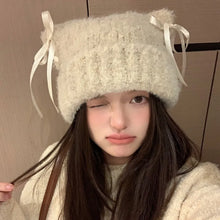 Load image into Gallery viewer, Cute Windproof Cat Ear Beanie Thickened Warm Sweet Bow Ribbon Pullover Hat Color Straps Handmade Beanie for Women Girl
