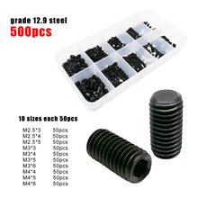 Load image into Gallery viewer, 500/1500X M2-M8 DIN913 Black Steel 304 A2 Stainless Steel Hex Hexagon Socket Allen Flat Point Set Screw Grub Bolt Assortment Kit