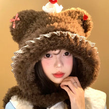 Load image into Gallery viewer, Versatile Warm Thick Knitted Hat Cherry Bow Windproof Ear Protection Cap Coldproof Cake Bear Beanies Hat Winter Outdoor