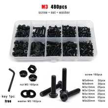 Load image into Gallery viewer, M1.6 M2 M2.5 M3 M4 M5 M6 M8 Black Grade 10.9 Steel Hex Hexagon Socket Allen Button Round Head Screw Bolt Nut Assortment Kit Box