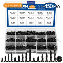 Load image into Gallery viewer, 450/1200pcs Cross Flat Head Tapping Screws Kit M1.2 M1.4 M1.5 M1.7 M2 M2.3 M2.6 M3 Carbon Steel Black Phillips Screws Set