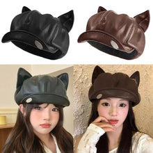 Load image into Gallery viewer, New Cat Ear Newsboy Hat Solid Color Casual Beret Hat PU Leather Personalized Peaked Cap Ladies Women Girls