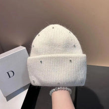 Load image into Gallery viewer, 1PC New Winter Rhinestone min Knitted Hat Fashionable And Warm Rabbit Fur Ear Protection Hat Double Folded Hat