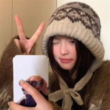 Load image into Gallery viewer, Cute With Strap Jacquard Knitting Hat Wind-Resistant Ear Protection Pullover Bonnets Warm Lace up Earmuffs Pile Cap